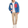 Tommy Hilfiger Mens Midweight Sherpa Lined Hooded Water Resistant Puffer JacketRoyal Blue Flag Print