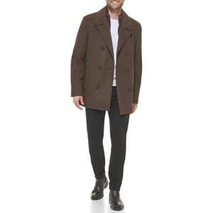 Kenneth Cole Mens Notched Lapel Wool Pea Coat Knit BibMed Brown