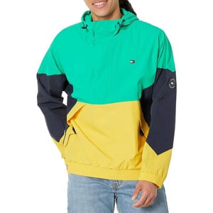 Tommy Hilfiger Mens Retro Lightweight Taslan Hooded Popover Water Resistant Windbreaker JacketAqua GreenNavyYellow