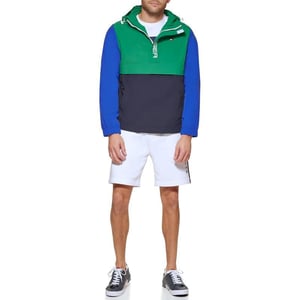 Tommy Hilfiger Mens Retro Lightweight Taslan Hooded Popover Water Resistant Windbreaker JacketGreenNavyRoyal