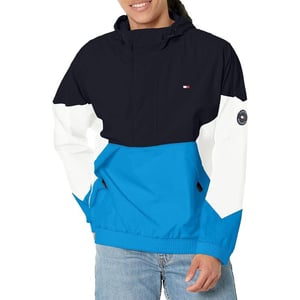 Tommy Hilfiger Mens Retro Lightweight Taslan Hooded Popover Water Resistant Windbreaker JacketNavyBright BlueWhite