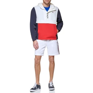 Tommy Hilfiger Mens Retro Lightweight Taslan Hooded Popover Water Resistant Windbreaker JacketNew MidnightIceRed