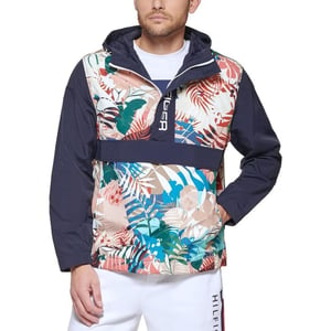 Tommy Hilfiger Mens Retro Lightweight Taslan Hooded Popover Water Resistant Windbreaker JacketTropical Print