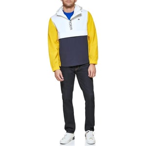 Tommy Hilfiger Mens Retro Lightweight Taslan Hooded Popover Water Resistant Windbreaker JacketYellowNavyWhite