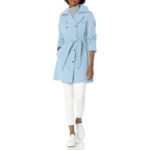 Calvin Klein Womens Double Breasted Belted Rain Jacket with Removable HoodChambray