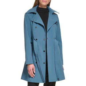 Calvin Klein Womens Double Breasted Belted Rain Jacket with Removable HoodOasis Teal