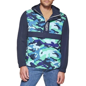 Tommy Hilfiger Mens Retro Lightweight Taslan Hooded Popover Water Resistant Windbreaker JacketBlueGreen Camouflage