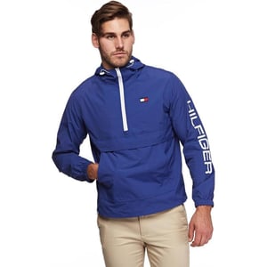 Tommy Hilfiger Mens Retro Lightweight Taslan Hooded Popover Water Resistant Windbreaker JacketNautical Blue