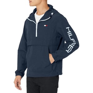 Tommy Hilfiger Mens Retro Lightweight Taslan Hooded Popover Water Resistant Windbreaker JacketNavy