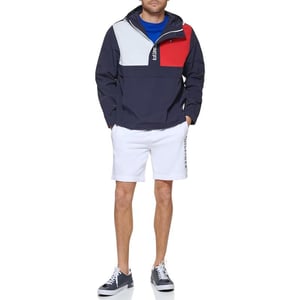 Tommy Hilfiger Mens Retro Lightweight Taslan Hooded Popover Water Resistant Windbreaker JacketNew Navy Flag