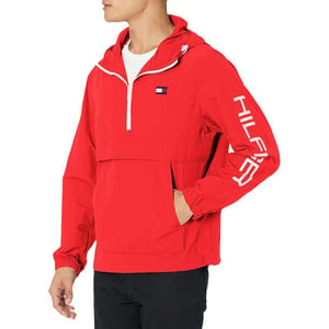 Tommy Hilfiger Mens Retro Lightweight Taslan Hooded Popover Water Resistant Windbreaker JacketRed Berry