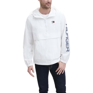 Tommy Hilfiger Mens Retro Lightweight Taslan Hooded Popover Water Resistant Windbreaker JacketWhite