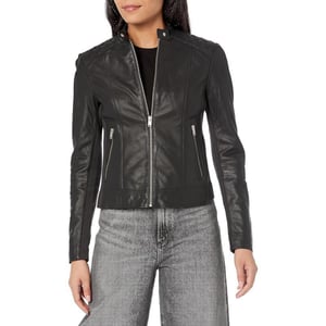 Andrew Marc Womens Glenbrook Feather Leather JacketBlack