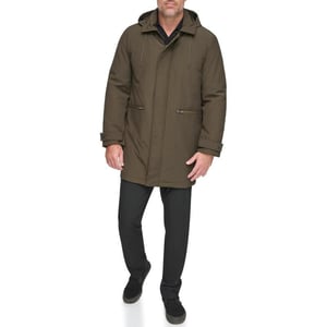 Andrew Marc Mens Mac Style Jacket with a Removable Hood and Back Vent Adjustable Cuff Tab with Snap ClosureJungle