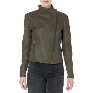 Andrew Marc Womens Lightweight Asymmetrical Leather JacketOlive