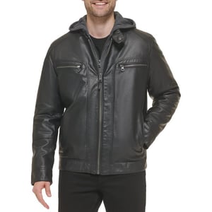 Calvin Klein Mens Faux Lamb Leather Moto Jacket with Removable Hood and BibBlack