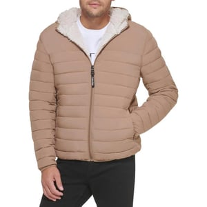 Calvin Klein Mens Hooded Down Jacket Quilted Coat Sherpa LinedTan