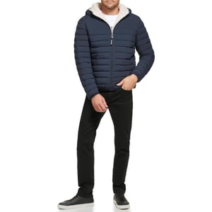 Calvin Klein Mens Hooded Down Jacket Quilted Coat Sherpa LinedTrue Navy