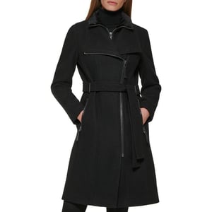 Calvin Klein Womens Angled Twill Fabric Wing Collar CoatBlack Twill