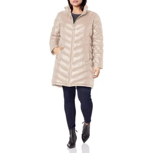 Calvin Klein Womens Chevron Quilted Packable Down Jacket Standard and PlusPlus Pearlized Cappuccino