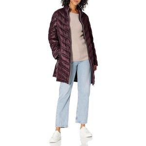 Calvin Klein Womens Chevron Quilted Packable Down Jacket Standard and PlusStandard Shine Wine