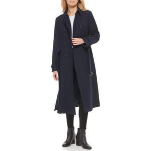 Cole Haan Womens Flared Trench Slick Wool CoatNavy