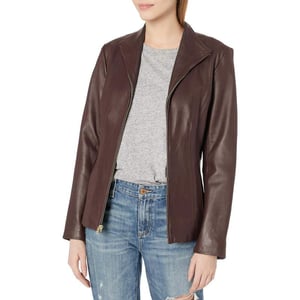 Cole Haan Womens Leather Wing Collared JacketChianti