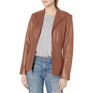 Cole Haan Womens Leather Wing Collared JacketCognac