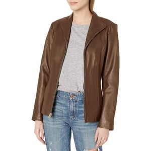 Cole Haan Womens Leather Wing Collared JacketHickory