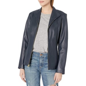 Cole Haan Womens Leather Wing Collared JacketNavy