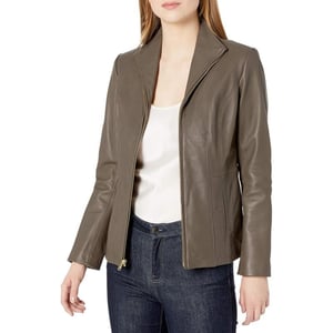 Cole Haan Womens Leather Wing Collared JacketStone