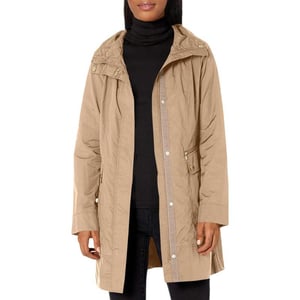 Cole Haan Womens Packable Hooded Rain Jacket with BowChampagne