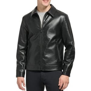 DKNY Mens Faux Leather Classic Laydown Collar Bomber JacketBlack Croc Embossed