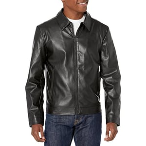 DKNY Mens Faux Leather Classic Laydown Collar Bomber JacketBlack Smooth Lamb