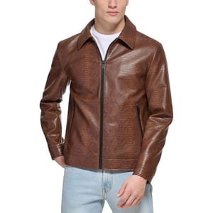 DKNY Mens Faux Leather Classic Laydown Collar Bomber JacketBrown Snake Embossed