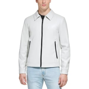 DKNY Mens Faux Leather Classic Laydown Collar Bomber JacketIce Smooth Lamb