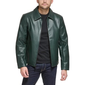 DKNY Mens Faux Leather Classic Laydown Collar Bomber JacketOlive Croc Embossed