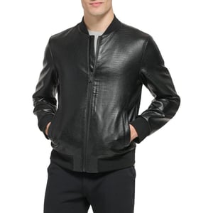 DKNY Mens Faux Leather Varsity Bomber JacketBlack Croc Embossed