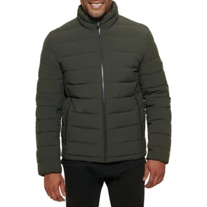 DKNY Mens Jon Quilted Stand Collar Puffer JacketDark Olive