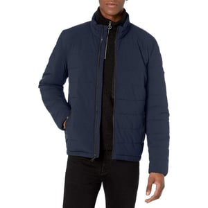 DKNY Mens Jon Quilted Stand Collar Puffer JacketHeather Navy