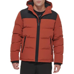 DKNY Mens Shawn Quilted Mixed Media Hooded Puffer JacketArabian Spice