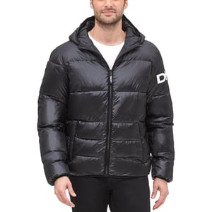 DKNY Mens Water Resistant Ultra Loft Hooded Logo Puffer Jacket Standard and Big amp TallBlack