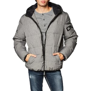 DKNY Mens Water Resistant Ultra Loft Hooded Logo Puffer Jacket Standard and Big amp TallHeather Grey