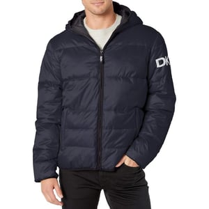 DKNY Mens Water Resistant Ultra Loft Hooded Logo Puffer Jacket Standard and Big amp TallNavy