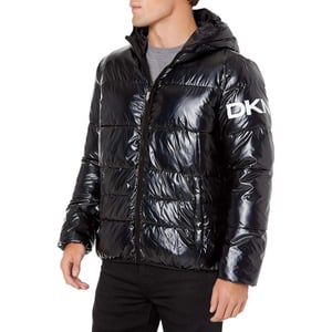 DKNY Mens Water Resistant Ultra Loft Hooded Logo Puffer Jacket Standard and Big amp TallNew Black