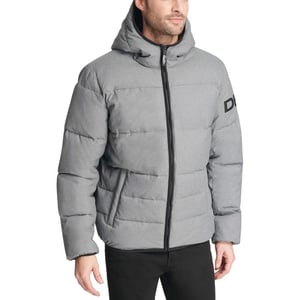 DKNY Mens Water Resistant Ultra Loft Hooded Logo Puffer Jacket Standard and Big amp TallNew Heather Grey