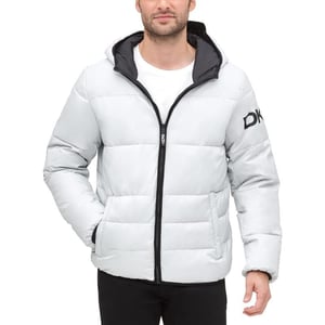 DKNY Mens Water Resistant Ultra Loft Hooded Logo Puffer Jacket Standard and Big amp TallNew Silver