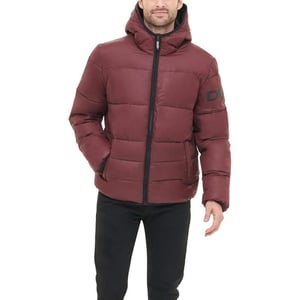 DKNY Mens Water Resistant Ultra Loft Hooded Logo Puffer Jacket Standard and Big amp TallOxblood