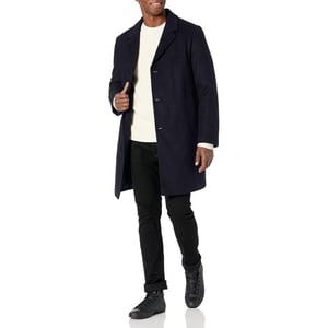 DKNY Mens Wool Blend Notch Collar CoatNavy