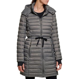 DKNY Womens Long Comfort Soft Packable Puffer Outwear JacketSmoke